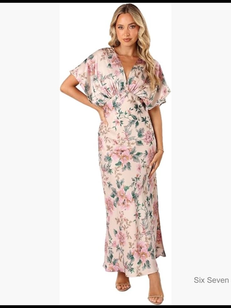 Polyester Maxi Dress With V Neckline And Hook Eye Closure Color: Pink