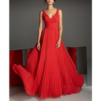 TS A-Line Evening Gown Empire Dress Engagement Formal Evening Floor Length Sleeveless V Neck Bridesmaid Dress Chiffon wi