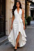 Satin V Neck Casual Dress With Sleeveless Fit And Ruffle Border