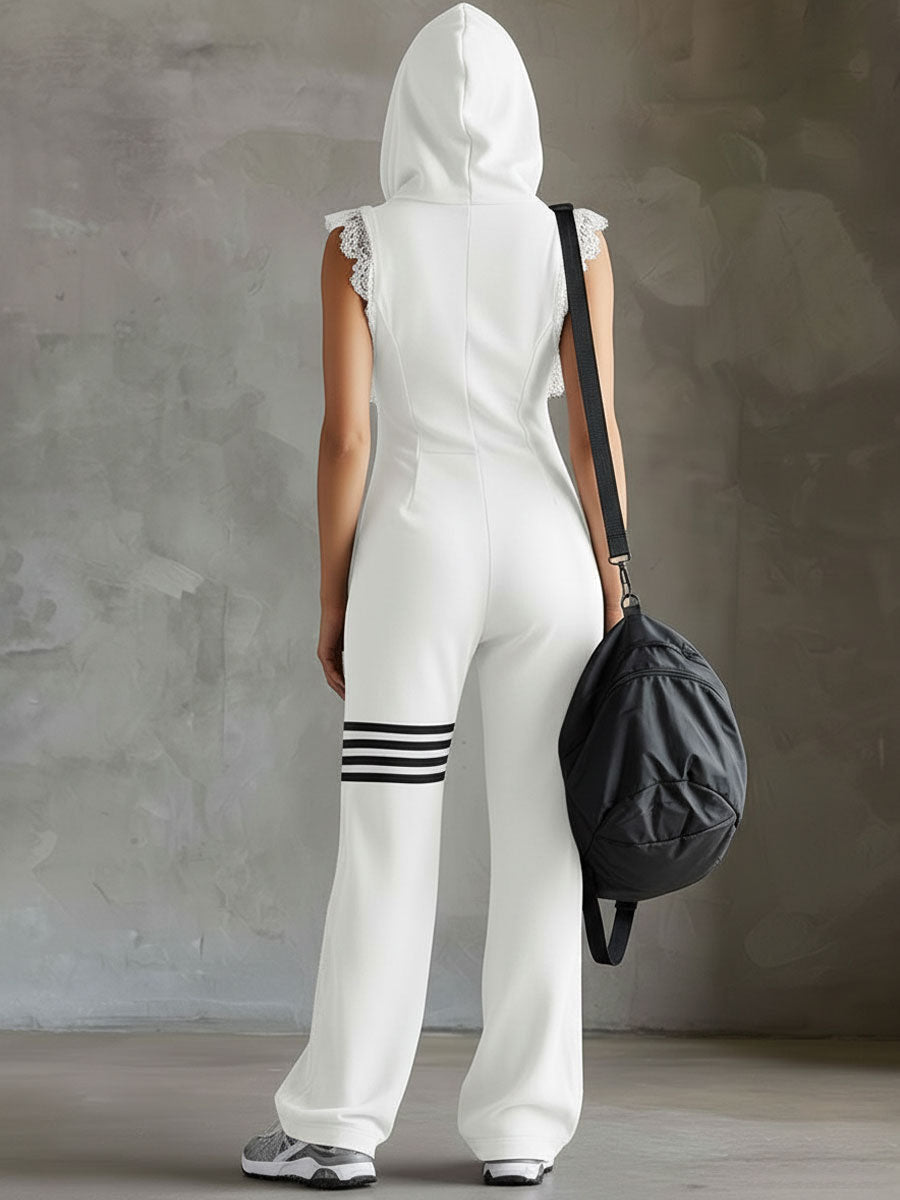 Danielle - Retro Sports Jumpsuit with Hood and Stripes