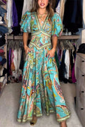 Paisley - Airy Maxi Dress with Puff Sleeves and V-neck