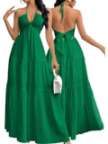 Women's Maxi Summer Dress Green Halter V Neck Beach Dress A Line Dress