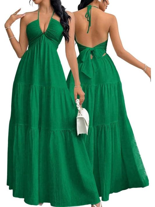 Women's Maxi Summer Dress Green Halter V Neck Beach Dress A Line Dress