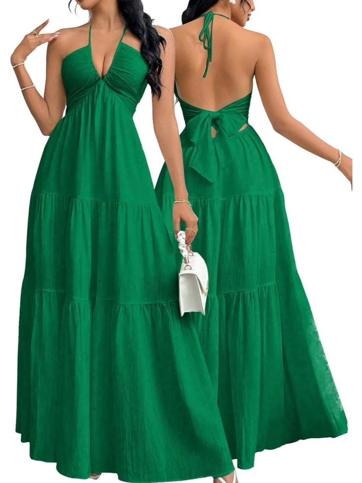 Women's Maxi Summer Dress Green Halter V Neck Beach Dress A Line Dress