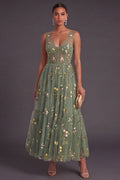 Dusty Sage Floral Corset A Line Long Wedding Guest Dress