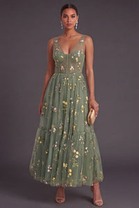 Dusty Sage Floral Corset A Line Long Wedding Guest Dress