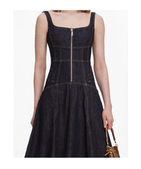 Zip Front Denim Midi Dress With Cut Out Details Indigo