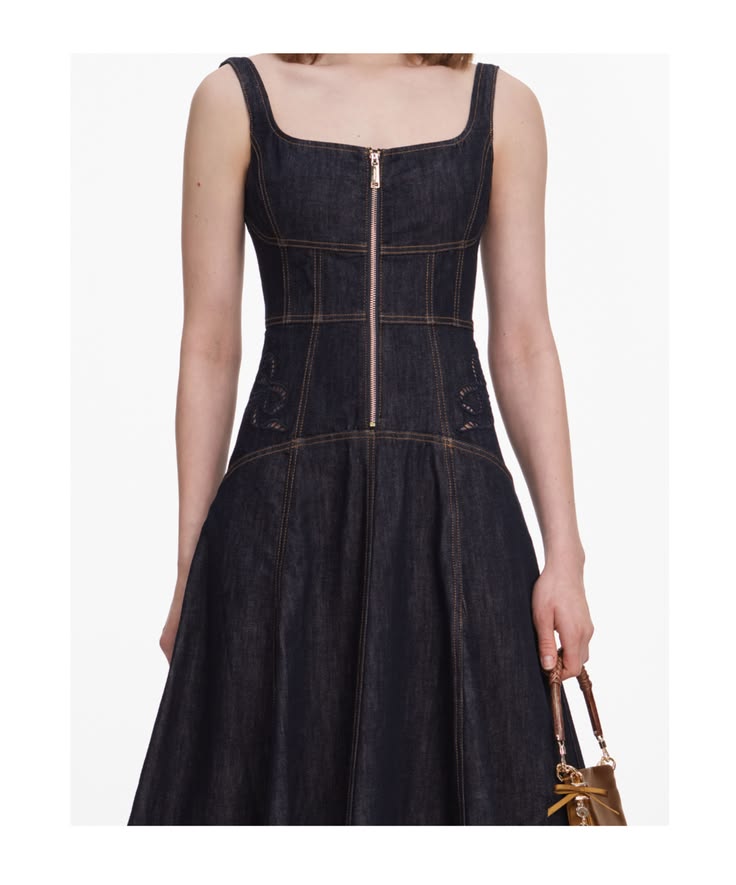 Zip Front Denim Midi Dress With Cut Out Details Indigo