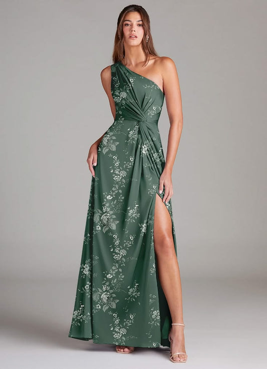 A Line One Shoulder Floor Length Stretch Satin Bridesmaid Dress