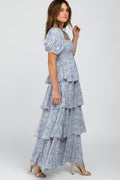 Pink Floral Square Neck Ruffle Layered Maxi Dress