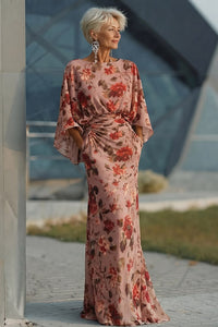 Dusty Rose Floral Ruched Sheath Mother Of The Bride Dress With Long
