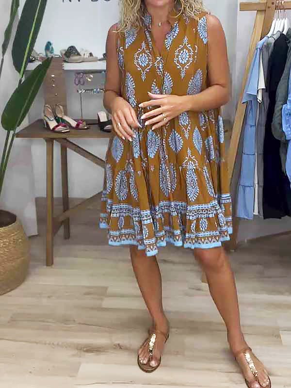 Millie | Women's Boho Printed Sleeveless Mini Dress Caramel Brown