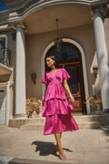 Mendice Satin Tiered Midi Dress Magenta