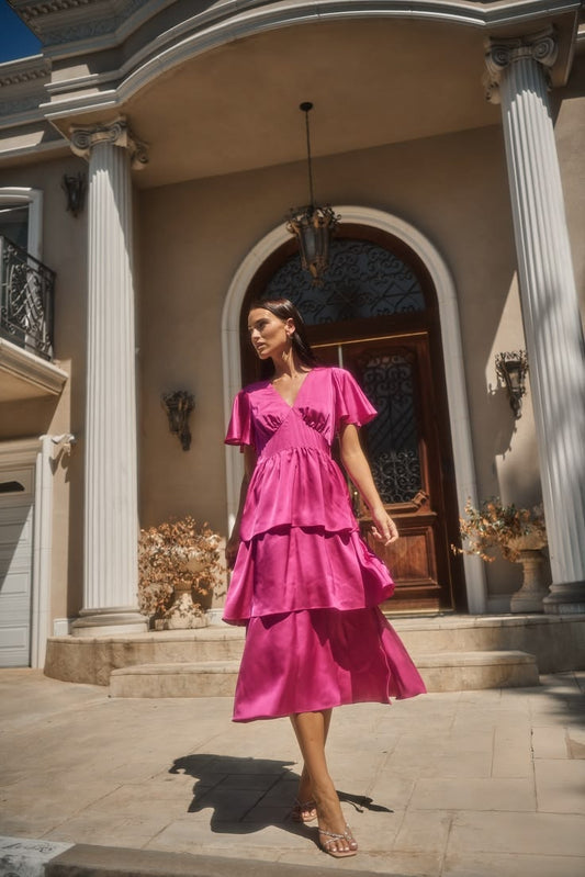 Mendice Satin Tiered Midi Dress Magenta