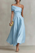 Chic One Shoulder A Line Midi Dress With Pockets