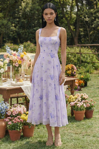 Flieder Bedrucktes Quadratischer Ausschnitt A Linie Chiffon Midi