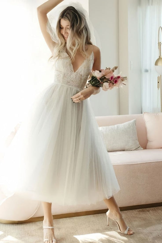 A Line Ankle Length Lace Tulle Wedding Dress Boho Little White Dress