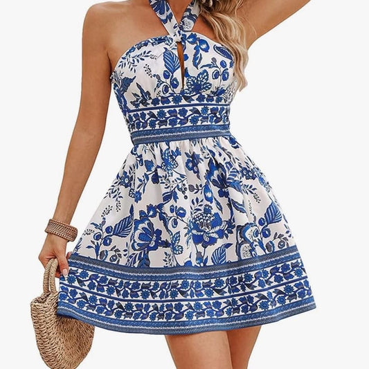 Dress Blue And White Floral Halter A Line Dress Size M Color: Blue