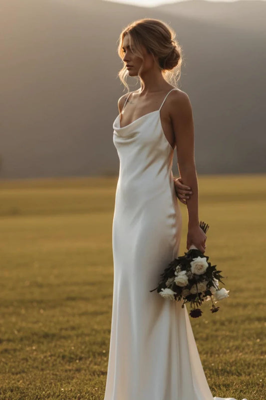 White 100% Mulberry Silk Satin Maxi Dress Cowl Neck Simple Silk