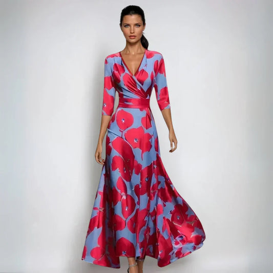 Catherine - Elegant Floral A-Line Dress – Red/Blue