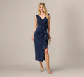Navy Rosette Drape Stretch Ankle Length Wrap Dress Adrianna Papell