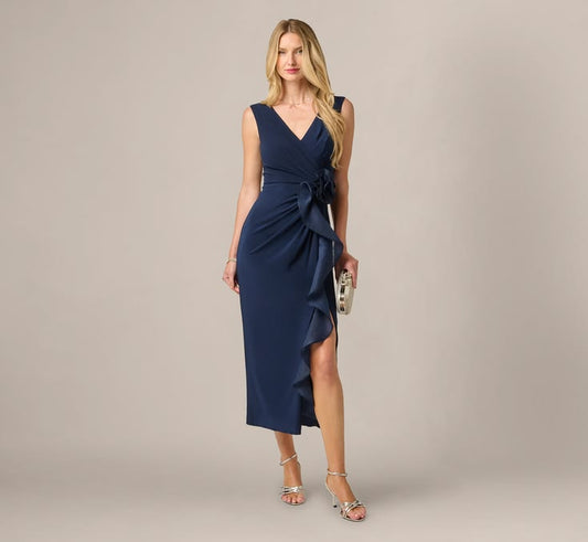 Navy Rosette Drape Stretch Ankle Length Wrap Dress Adrianna Papell