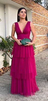 Elegant Fuchsia V-neck A-line Layered Tulle Long Prom Dress, Evening Dress, PD382102