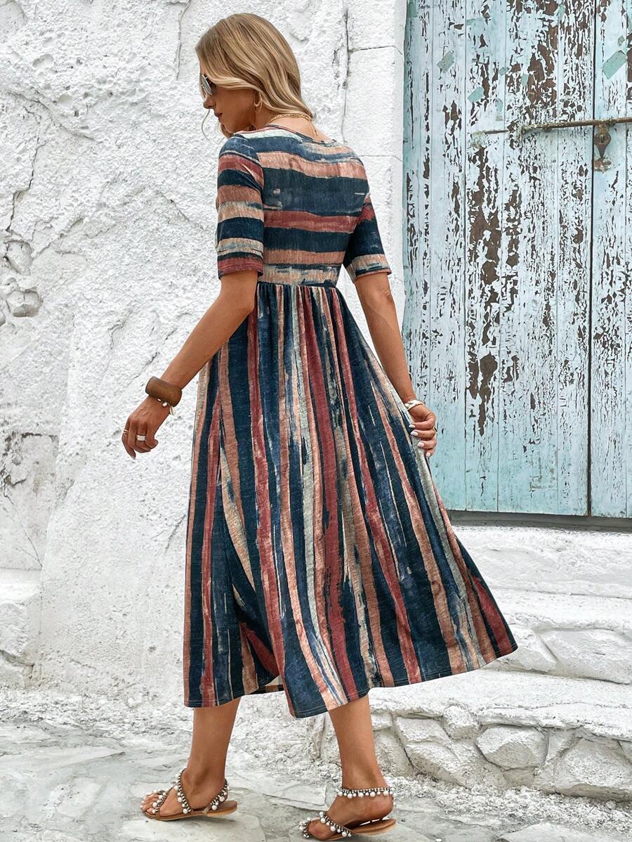 Lilou – Elegant Striped Tummy-Coverage Midi Dress