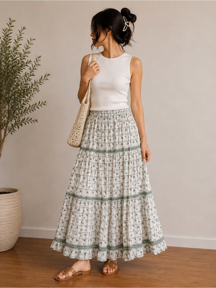 Max Studio Skirts Max Studio White Maxi Skirt With Green Floral Print