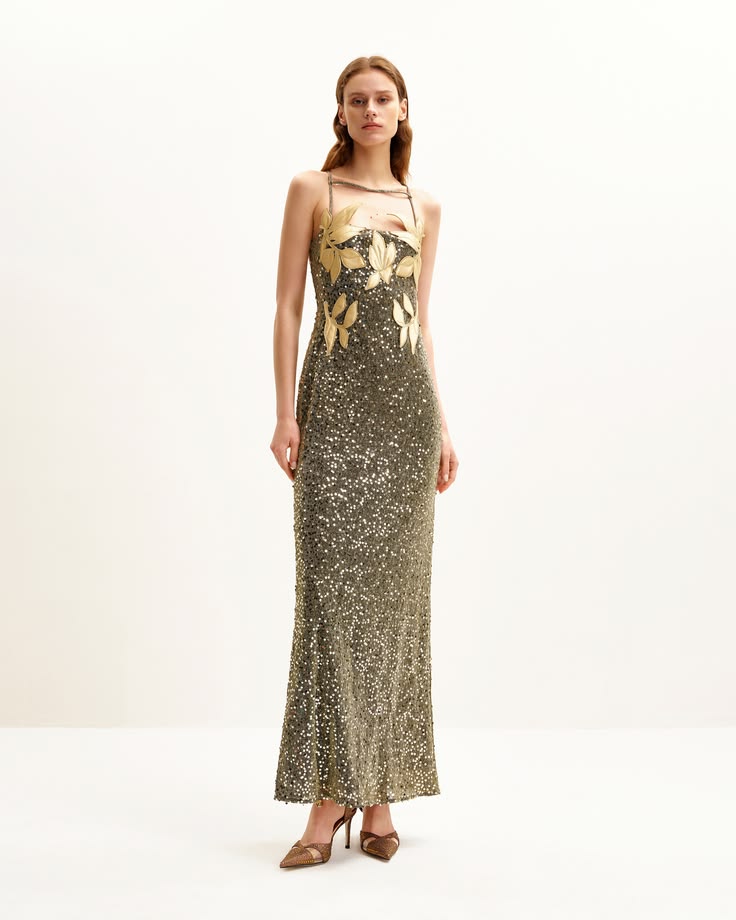Araminta Sequined Gown With Floral Details Gold, 2 US