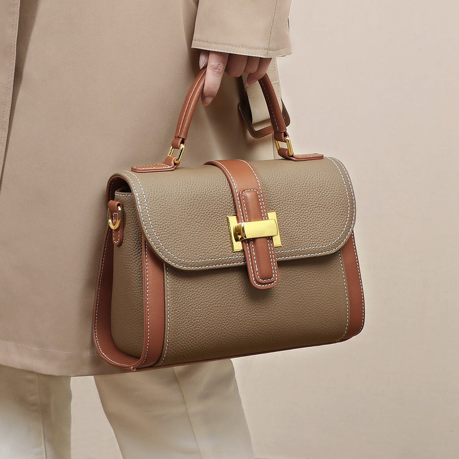 Textured Leather Bag with Metal Buckle - Natalia
