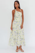 Auriana Asymmetric Neckline Halter Maxi Dress Floral Lemon