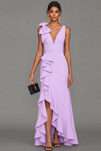 Black V Neck Long Formal Dress With Ruffles Dusty Blue