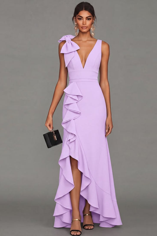 Black V Neck Long Formal Dress With Ruffles Dusty Blue