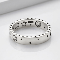 HAPPY MOON & STARS SILVER BAND RING - (ADJUSTABLE)