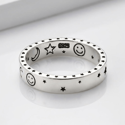 HAPPY MOON & STARS SILVER BAND RING - (ADJUSTABLE)