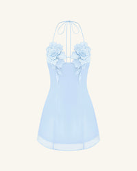 Flower Embroidered Mini Dress - Blue