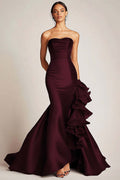 Cabernet Satin Mermaid Long Strapless Formal Dress With Ruffles