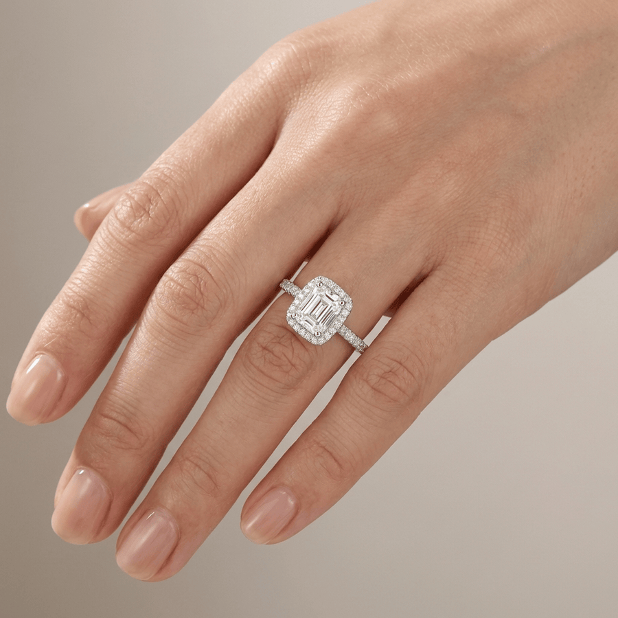EMERALD CUT ZIRCONIA SILVER HALO RING