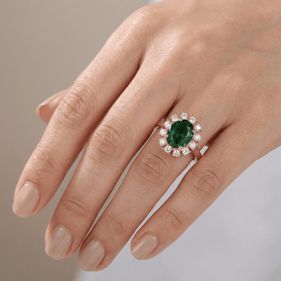 ROSE GOLD EMERALD DIAMOND HALO RING - (ADJUSTABLE)