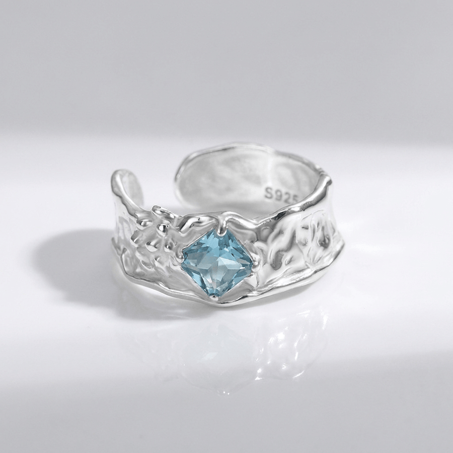 SILVER AQUAMARINE TEXTURED RING - (ADJUSTABLE)