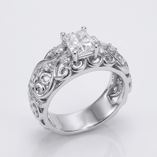 SILVER CUSHION DIAMOND CARVED RING