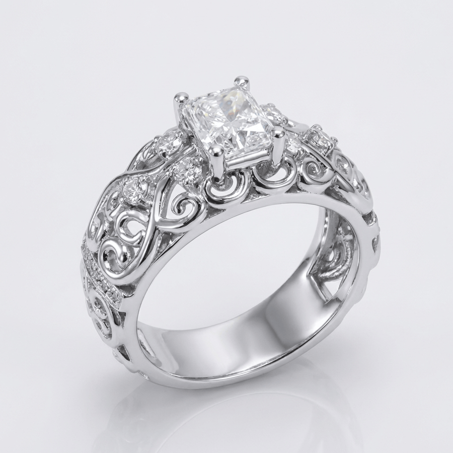SILVER CUSHION DIAMOND CARVED RING
