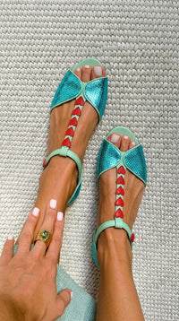 Helena – Petrol Blue and Red Heart T-Bar Peep-Toe Sandals