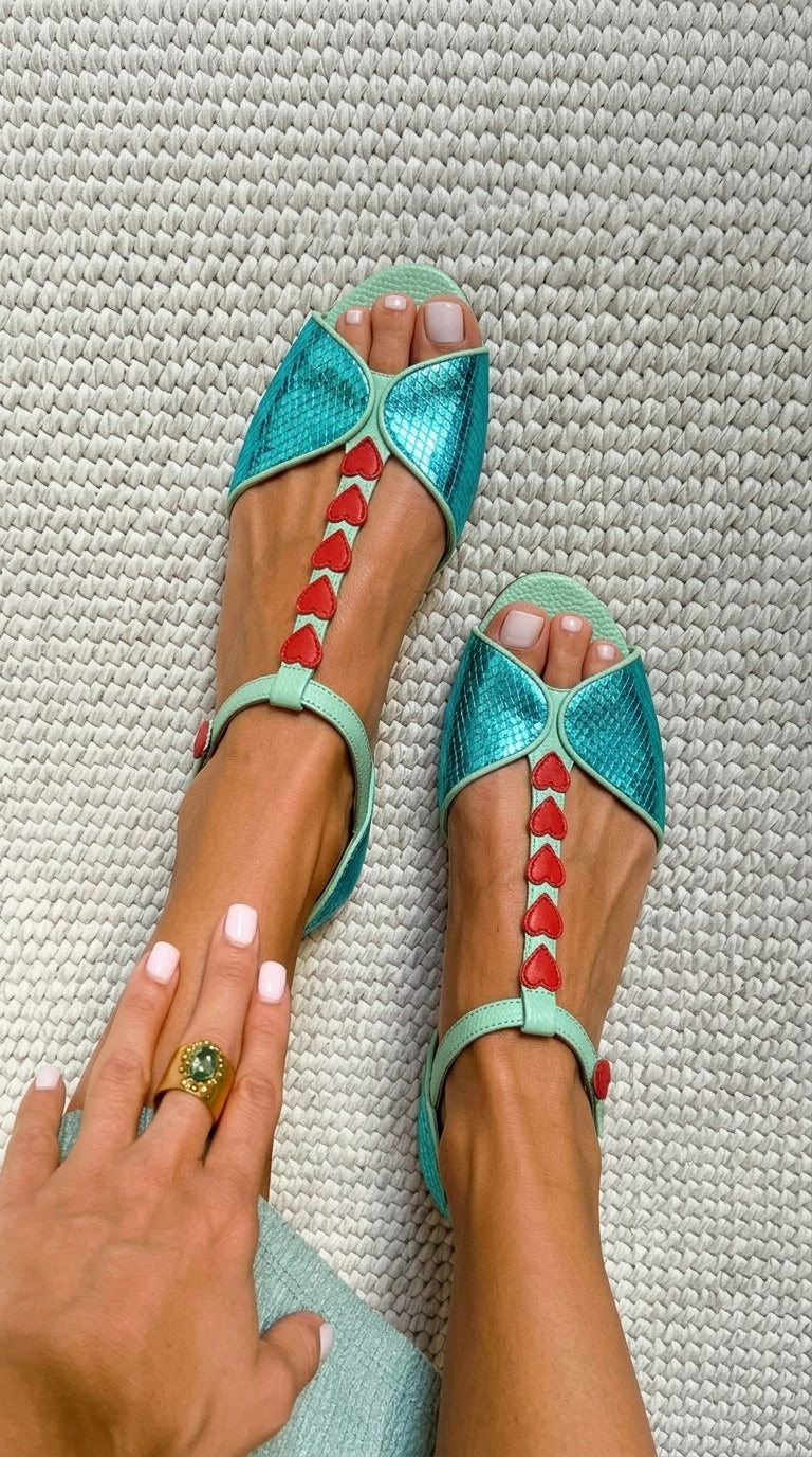 Helena – Petrol Blue and Red Heart T-Bar Peep-Toe Sandals