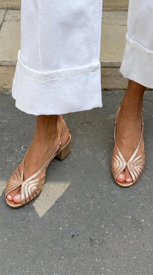 Georgiana – Metallic Woven Peep-Toe Slingback Block Heels
