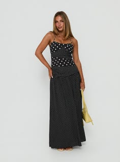Marguerite Halter Maxi Dress Black White Polka Dot