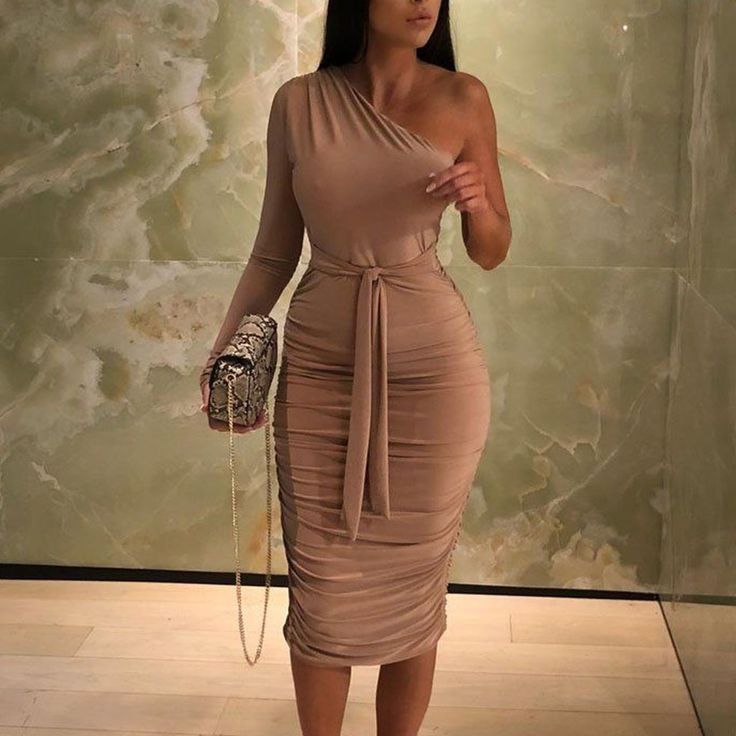Beige One Shoulder Ruched Slinky Midi Dress Color: Brown Tan Size: 6