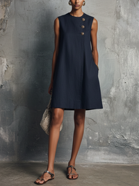 Esther – Linen Mini Dress with Gold Buttons