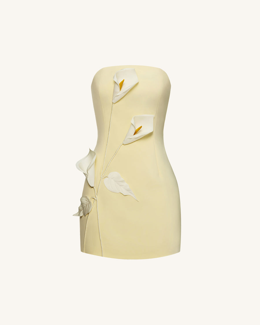 Strapless Floral Appliqué Dress - Yellow